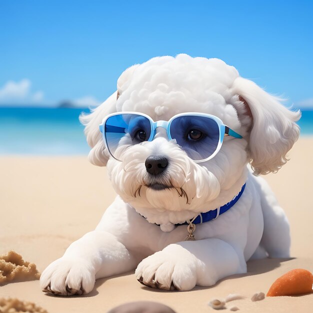 Un perro Bichon malts con gafas y un ordenador porttil en la playa ai