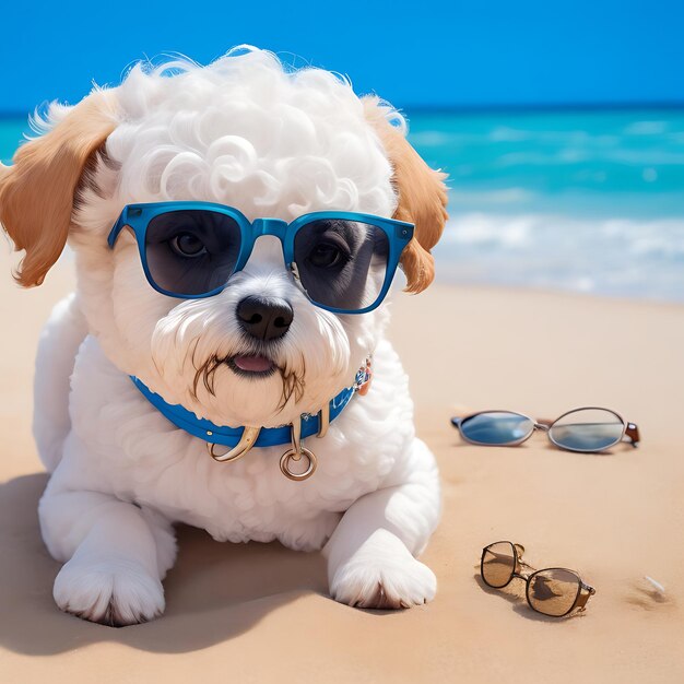 Foto un perro bichon malts con gafas y un ordenador porttil en la playa ai