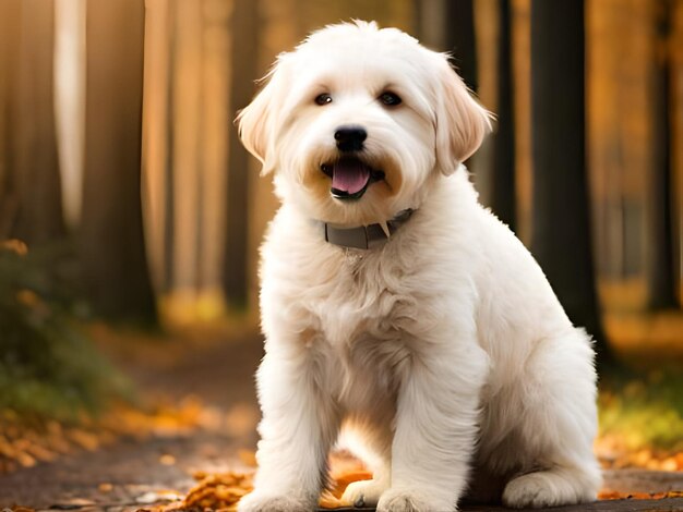 Un perro blanco con un collar negro se sienta en un bosque.