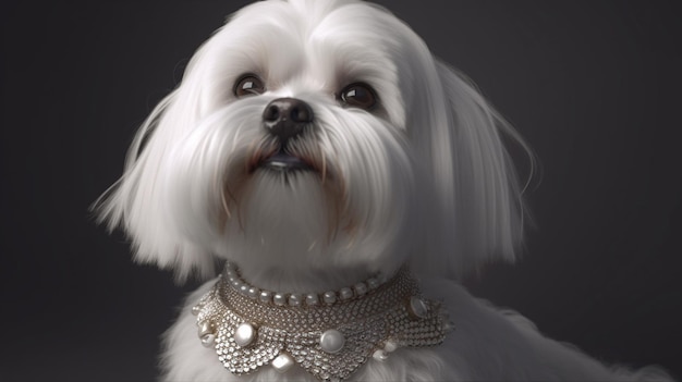 Un perro blanco con un collar y perlas lleva un collar.