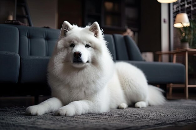 Perro blanco descansando sobre una alfombra colorida IA generativa