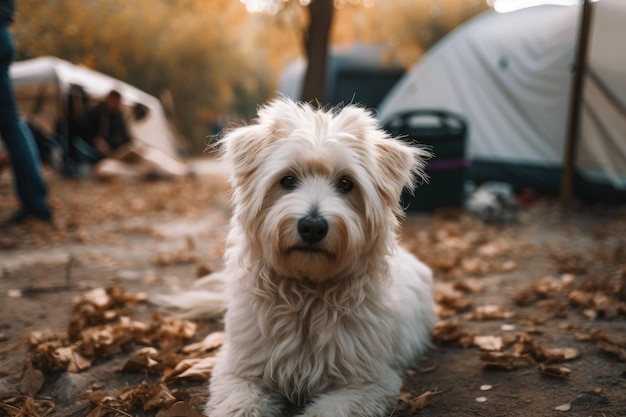 Un perro blanco esponjoso en un camping Savona Italia IA generativa