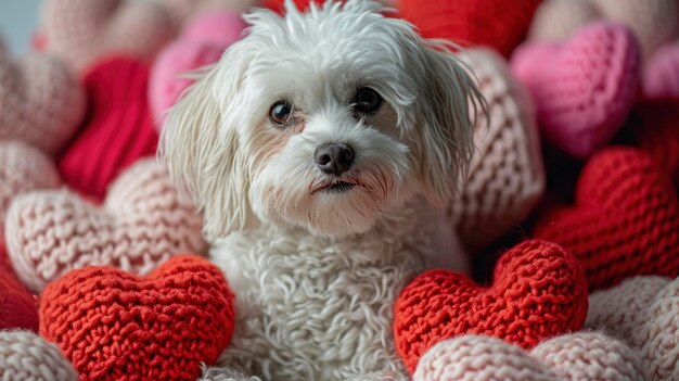 Un perro blanco esponjoso rodeado de decoraciones de corazones rojos y rosados de punto Día de San Valentín Concepto de día Dag