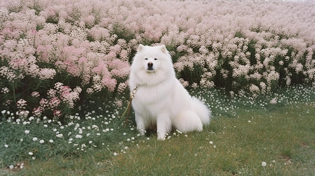 Un perro blanco está parado frente a un campo de flores.