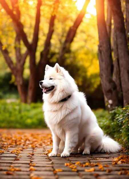 un perro blanco está de pie en un parque con un árbol en el fondo