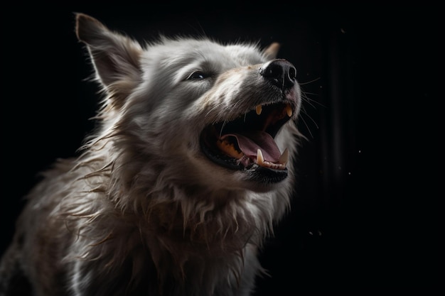 Un perro blanco con fondo negro y la palabra 'lobo' en el frente.