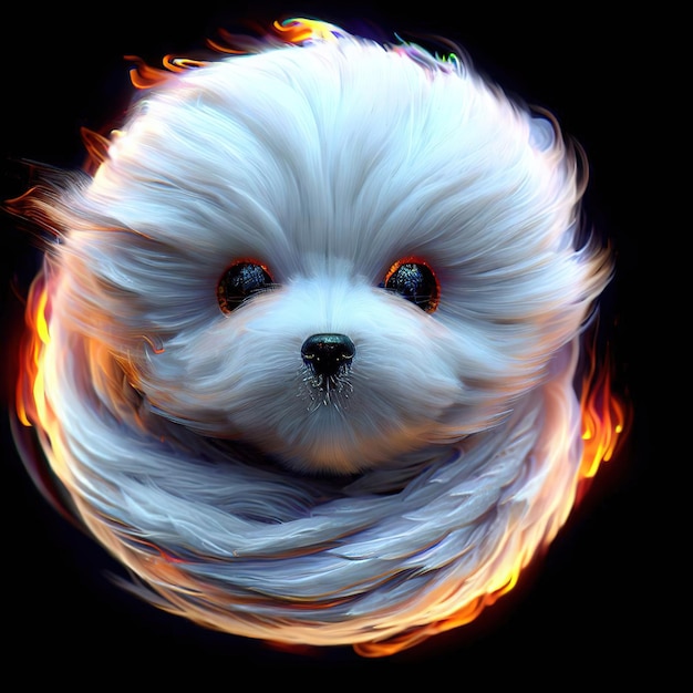 Un perro blanco con fuego en la cara está sobre un fondo negro.