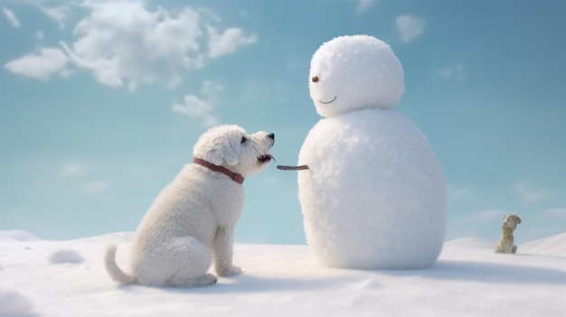 un perro blanco y un hombre de nieve se están mirando el uno al otro