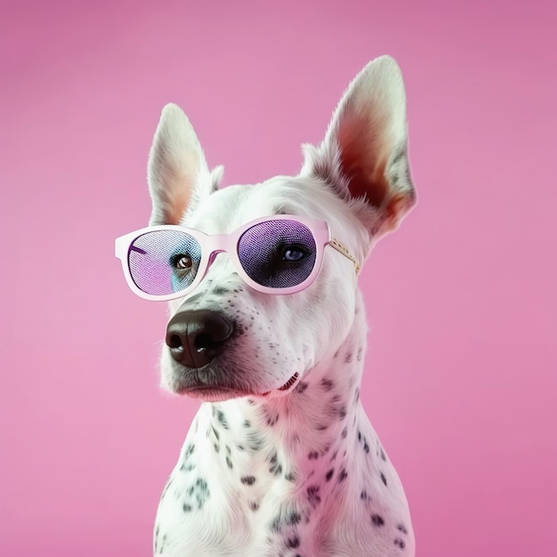 Perro blanco con manchas marrones en gafas de sol fondo rosa Estilo moderno de arte pop y concepto de estilo de vida
