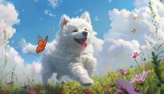 un perro blanco con una mariposa en la cabeza está saltando en el aire
