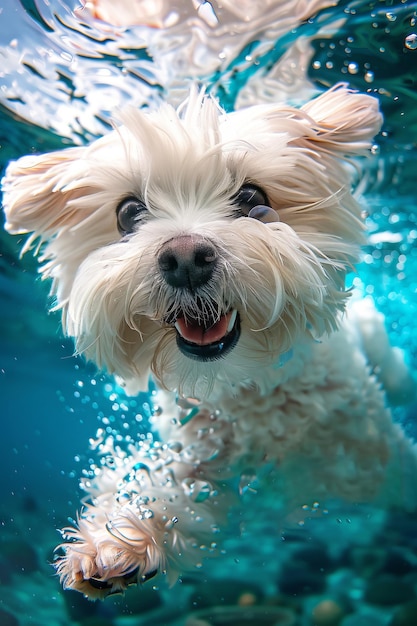 Perro blanco nadando feliz bajo el agua