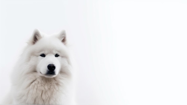 Un perro blanco con nariz negra y nariz negra está parado frente a un fondo blanco.