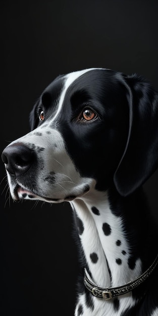 Un perro blanco y negro con manchas negras en la cara.