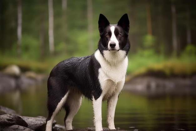 Un perro blanco y negro parado sobre una roca en un río.