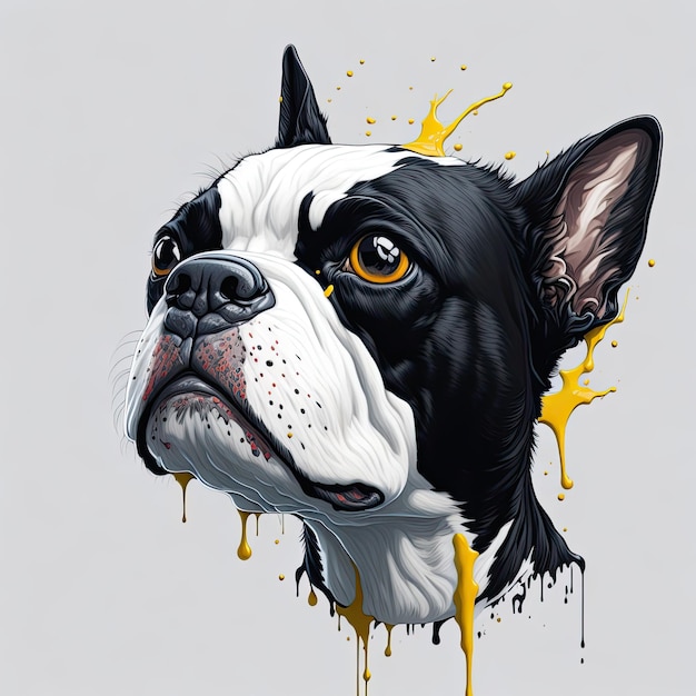 Un perro blanco y negro con pintura amarilla en la cara.