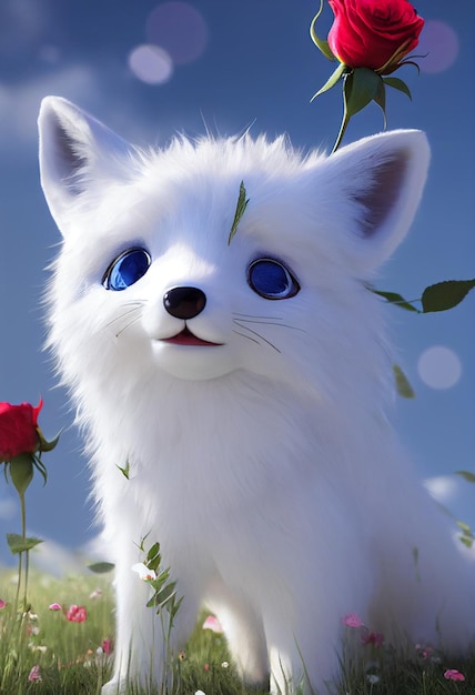 Perro blanco con ojos azules de pie en un campo de flores ai generativo