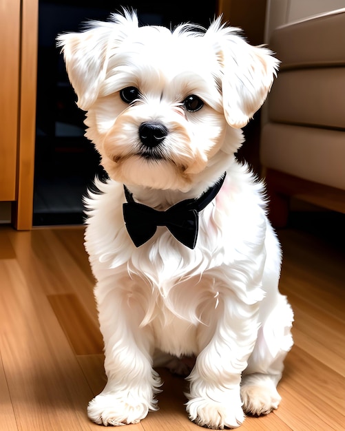 un perro blanco con una pajarita negra