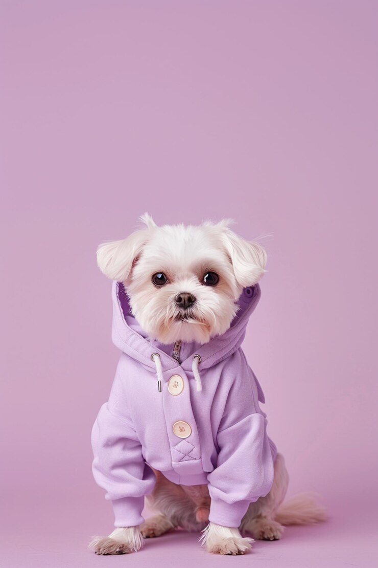 perro blanco rapado con una chaqueta púrpura y sentado en una superficie rosa generativa ai