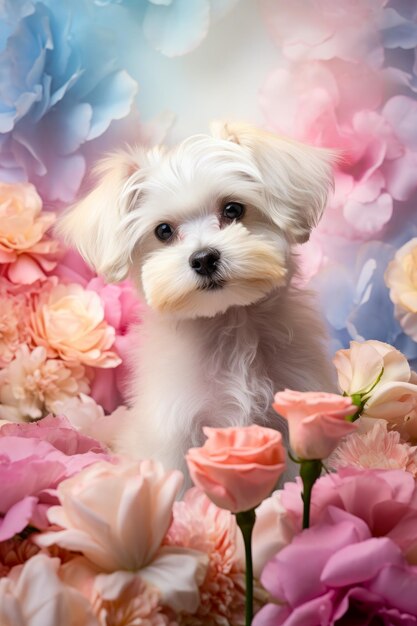 Perro blanco sentado en una cama de flores rosas y blancas IA generativa