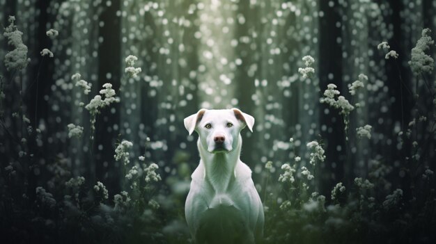 Un perro blanco sentado en el medio de un bosque lleno