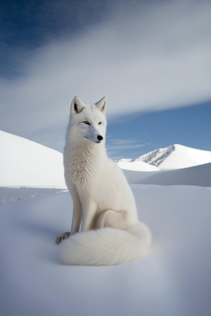 Perro blanco sentado en la nieve con montañas en el fondo generativo ai