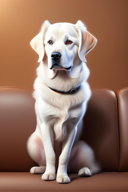 perro blanco sentado en un sofá marrón