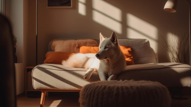 Un perro blanco se sienta en un sofá en una sala de estar con un sofá y una mesa de café.