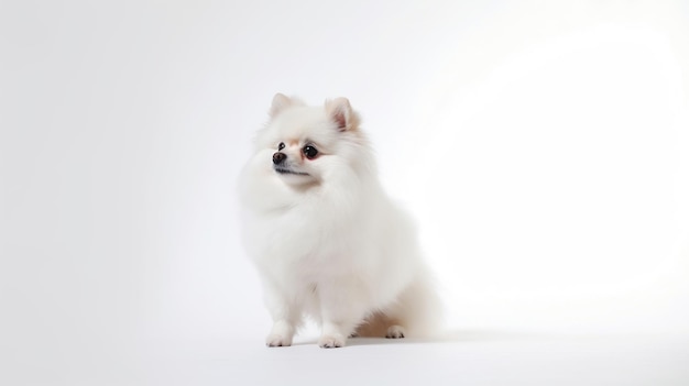 Foto perro blanco sobre un fondo blanco.