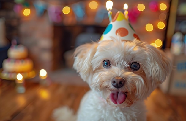 Perro blanco con sombrero de cumpleaños junto al pastel de cumpleañas