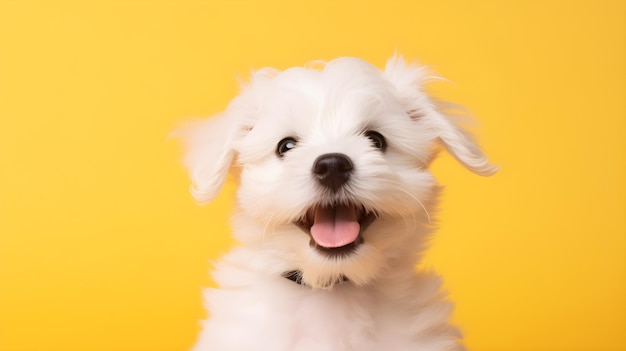 perro blanco sonriendo sobre un fondo amarillo
