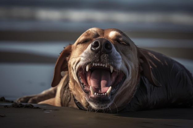 Un perro con la boca abierta y la boca abierta y la boca abierta.