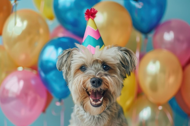 Foto perro con la boca abierta celebrando su cumpleaños con un sombrero de cumpleaños en la cabeza y globos en el fondo