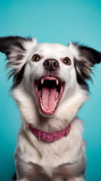 Perro con la boca abierta mostrando dientes y lengua frente al fondo azul