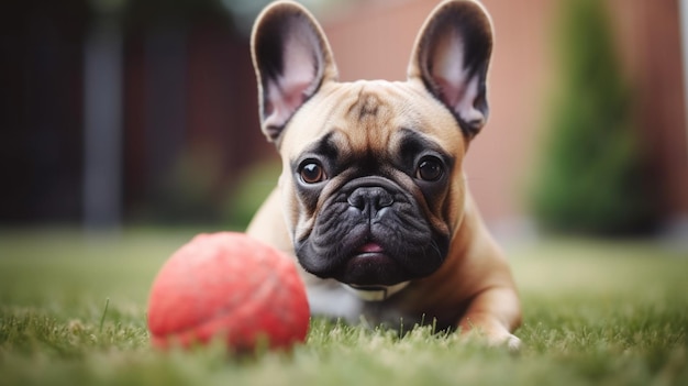 Un perro con una bola roja en la hierba.