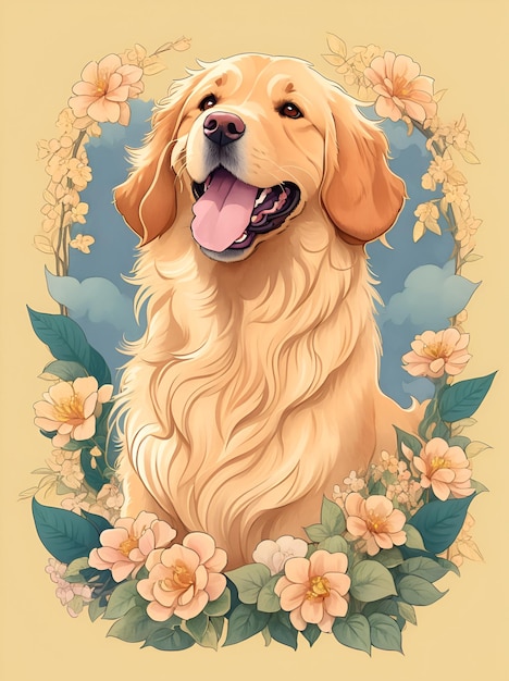 Un perro con un borde de flores en el medio.