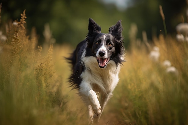 Un perro border collie corre por un campo