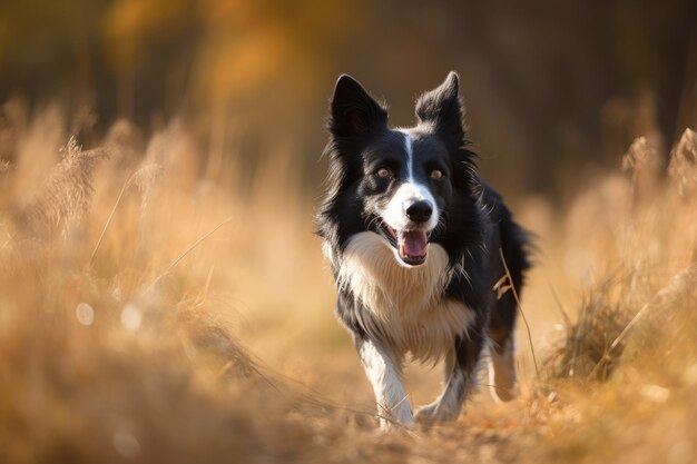 Perro border collie corriendo en el prado de otoño Animales de compañía Ai generado