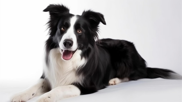 Un perro border collie está sobre una superficie blanca.