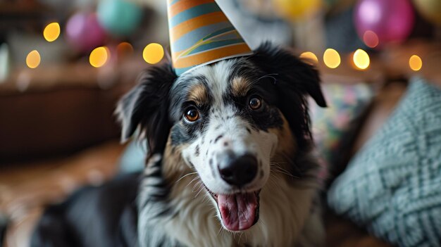 Foto perro border collie feliz con un sombrero de cumpleaños contra un fondo borroso