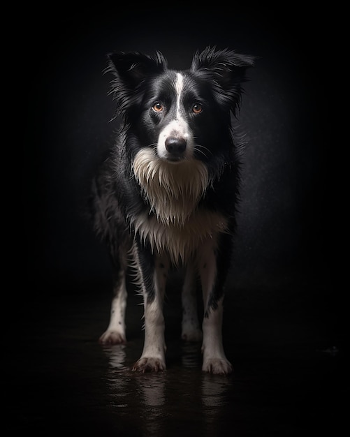 Un perro border collie se para en un fondo trasero