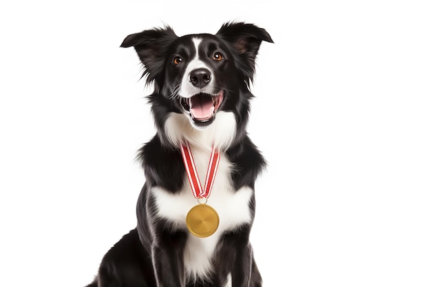 Foto perro border collie con una medalla de oro