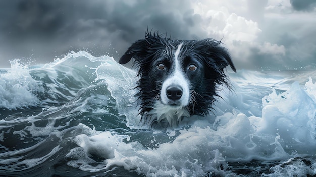 Foto un perro border collie mojado está nadando en el océano con una mirada decidida en sus ojos las olas se rompen a su alrededor pero el perro no se desanima