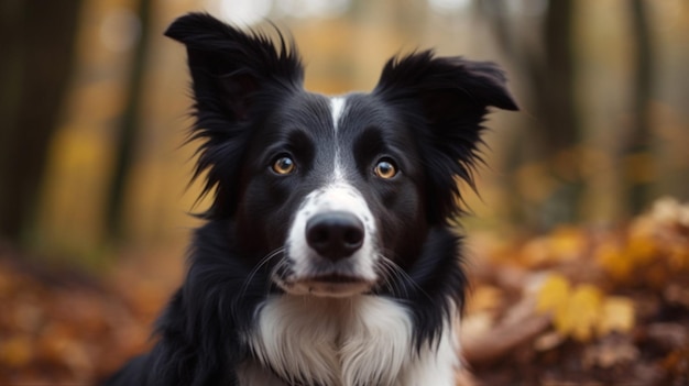 Un perro border collie se sienta en un montón de hojas