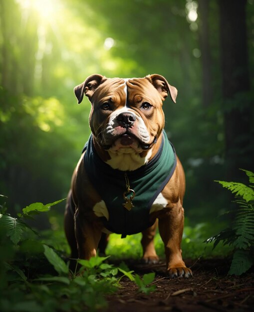 Un perro en el bosque con una camisa verde en el pecho.