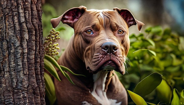 Un perro en el bosque con una cara grande.