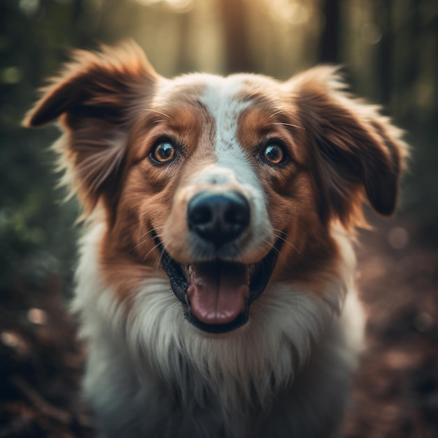 Un perro en el bosque con un fondo borroso