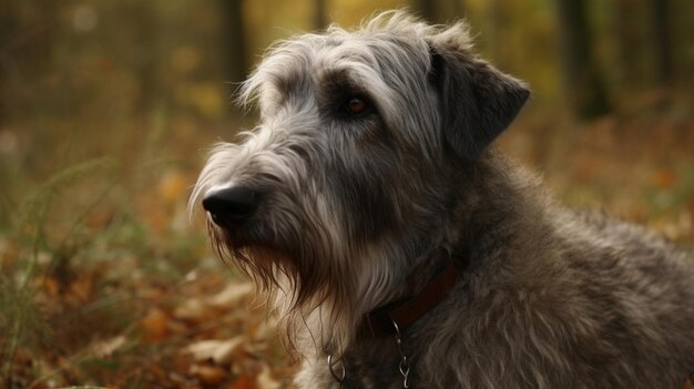 Un perro en el bosque con hojas en el suelo.