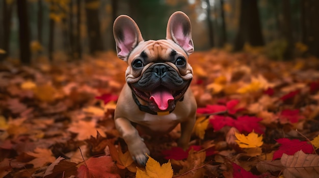 Un perro en un bosque con hojas