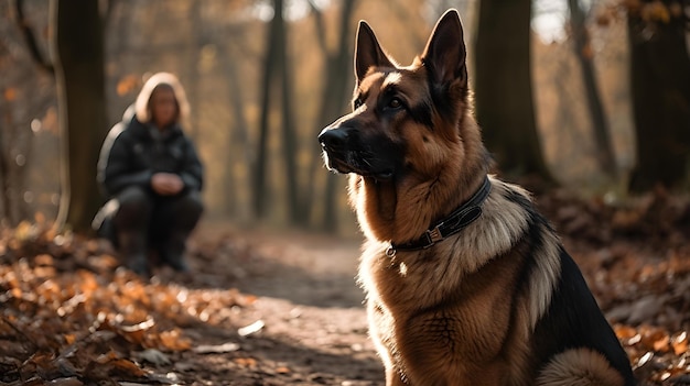 Un perro en el bosque con una mujer sentada en el suelo.