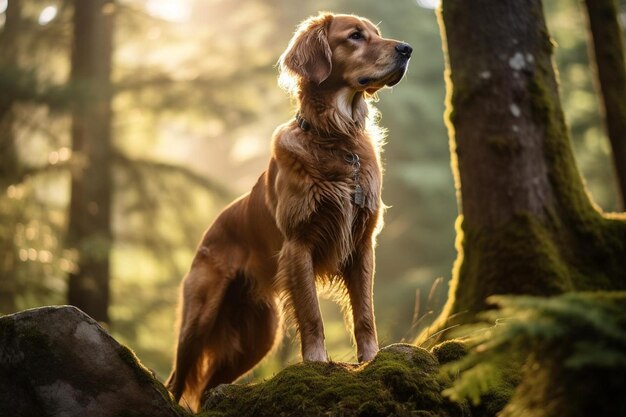 Un perro en un bosque con el sol brillando a través de los árboles.